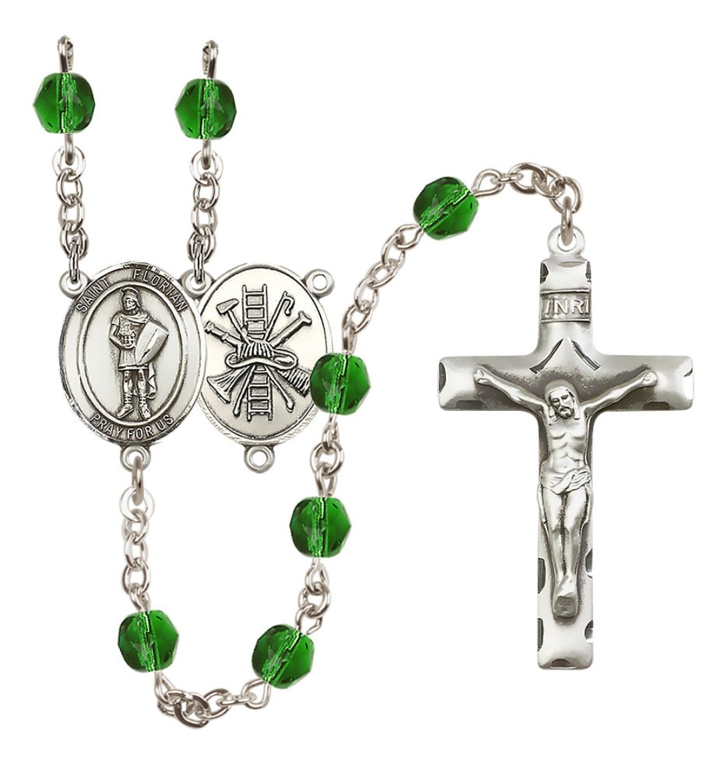 Bliss St Florian w/Firefighter Center Silver-Plated Emerald Crystal May Birthstone Rosary,