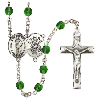 St Florian w/Firefighter Center Silver-Plated Emerald Crystal May Birthstone Rosary, Bliss Manufacturing
