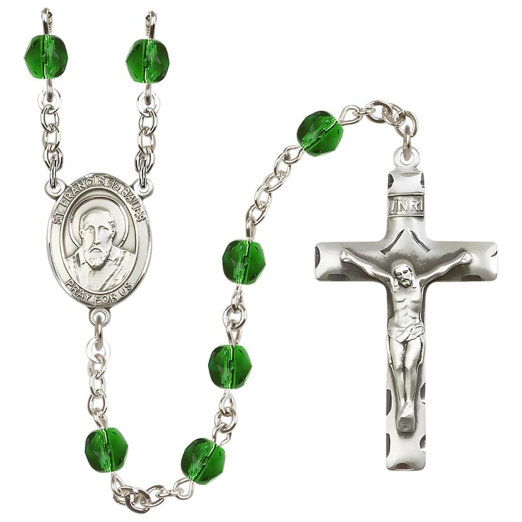 St. Francis de Sales 6mm Emerald Silver-Plated Catholic Rosary, handmade in the USA,