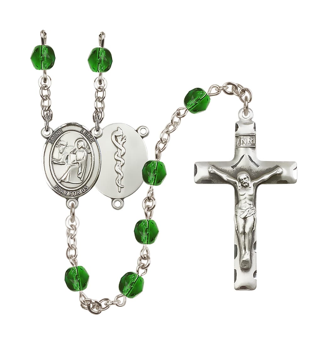 Bliss St Luke the Apostle Doctor Silver-Plated Crystal Birthstone Rosary in Emerald,