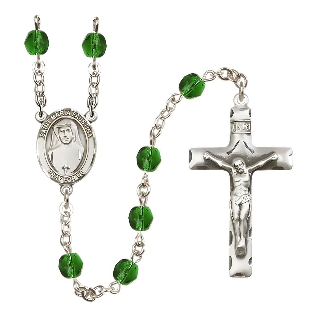 Bliss St. Maria Faustina Engraved Birthstone 6mm Emerald Fire Polished Silver-plated Rosary with Pewter Centerpiece and Crucifix,