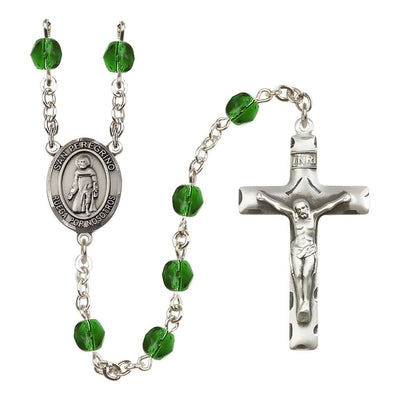 Spanish San Peregrino Engravable Rosary with Pewter Crucifix and Centerpiece, Birthstone 6mm Fire Polished Emerald Beads for May, Bliss Manufacturing