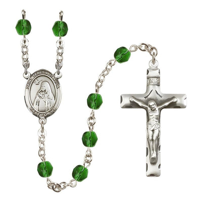 St. Teresa of Avila Engraved Birthstone 6mm Emerald Fire Polished Rosary with Pewter Centerpiece and Crucifix, Bliss Manufacturing