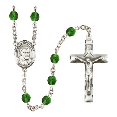 St. Vincent de Paul Engravable Rosary with Pewter Crucifix and Centerpiece, Birthstone 6mm Fire Polished Emerald Beads for May, Bliss Manufacturing
