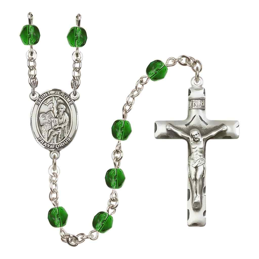 Saint Jerome Silver-plated Rosary with Pewter Crucifix and Centerpiece, Birthstone 6mm Fire Polished Emerald Beads for May