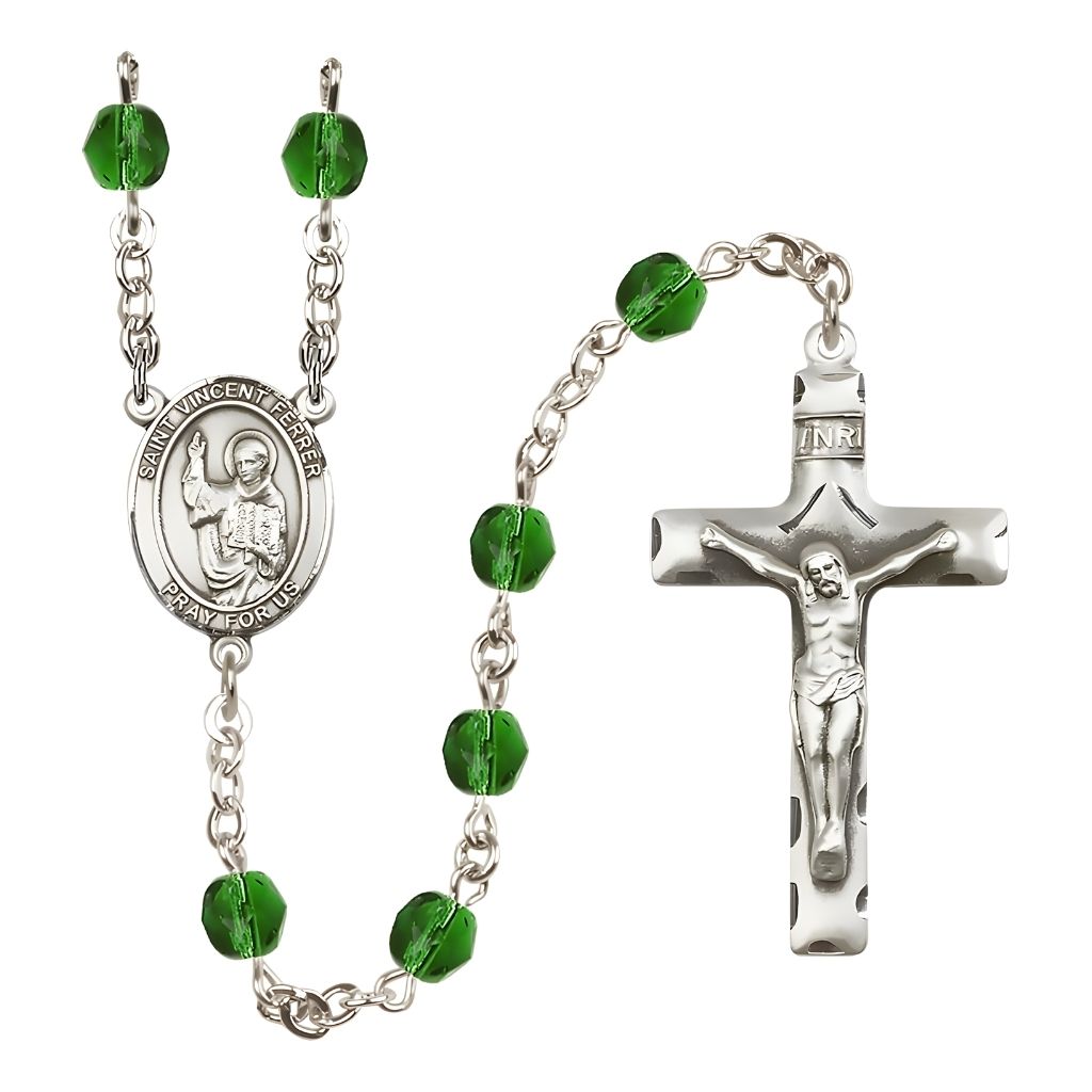 Bliss St. Vincent Ferrer Engravable Rosary with Pewter Crucifix and Centerpiece, Birthstone 6mm Fire Polished Emerald Beads for May