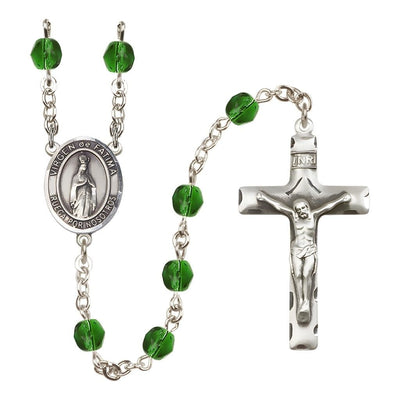 Spanish Virgen de Fatima Engravable Rosary with Pewter Crucifix and Centerpiece, Birthstone 6mm Fire Polished Emerald Beads for May, Bliss Manufacturing