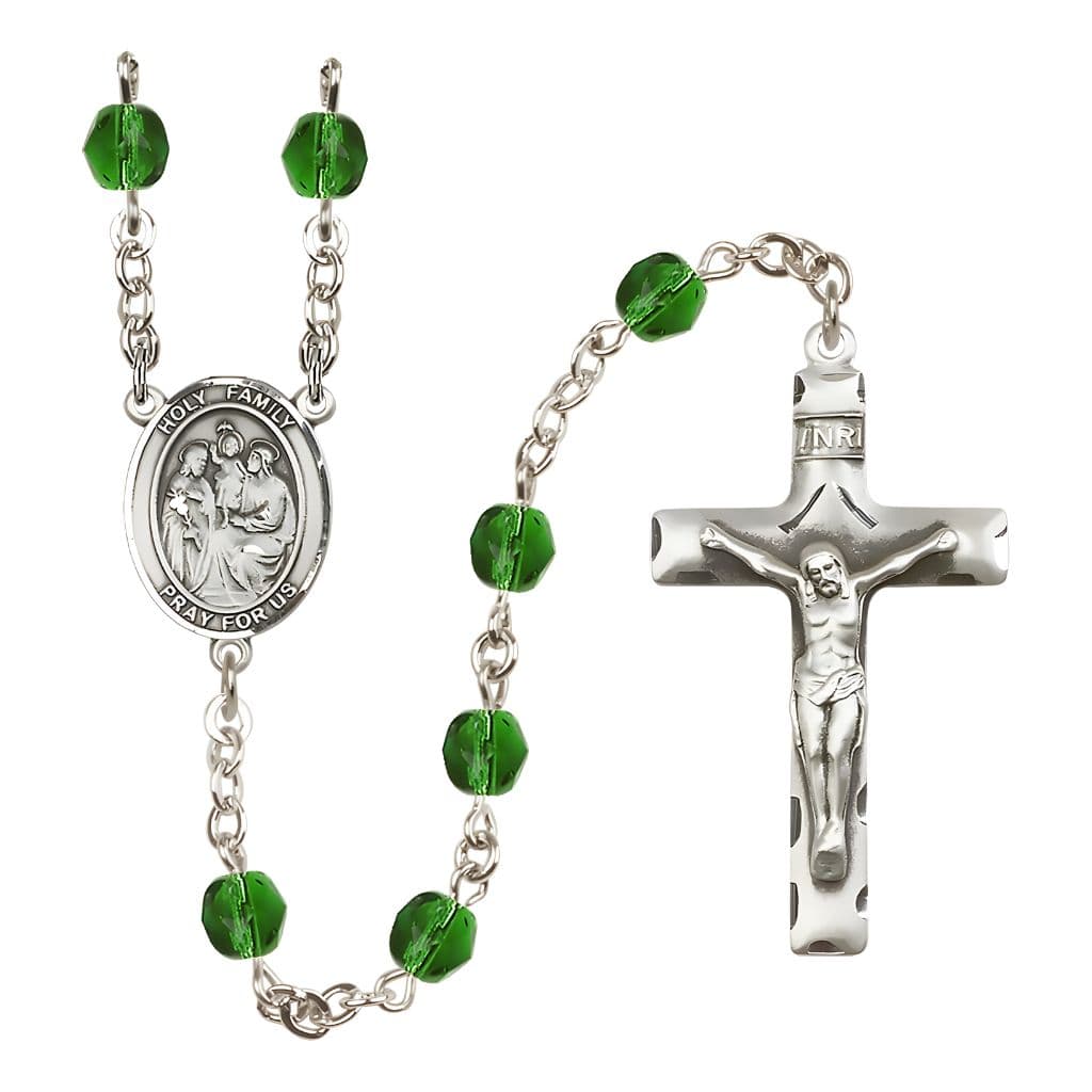 Bliss Holy Family Engravable Rosary with Pewter Crucifix and Centerpiece, Birthstone 6mm Fire Polished Emerald Beads for May