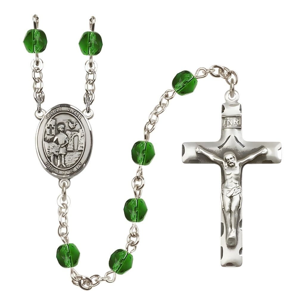 Bliss St. Vitus Engravable Rosary with Pewter Crucifix and Centerpiece, Birthstone 6mm Fire Polished Emerald Beads for May