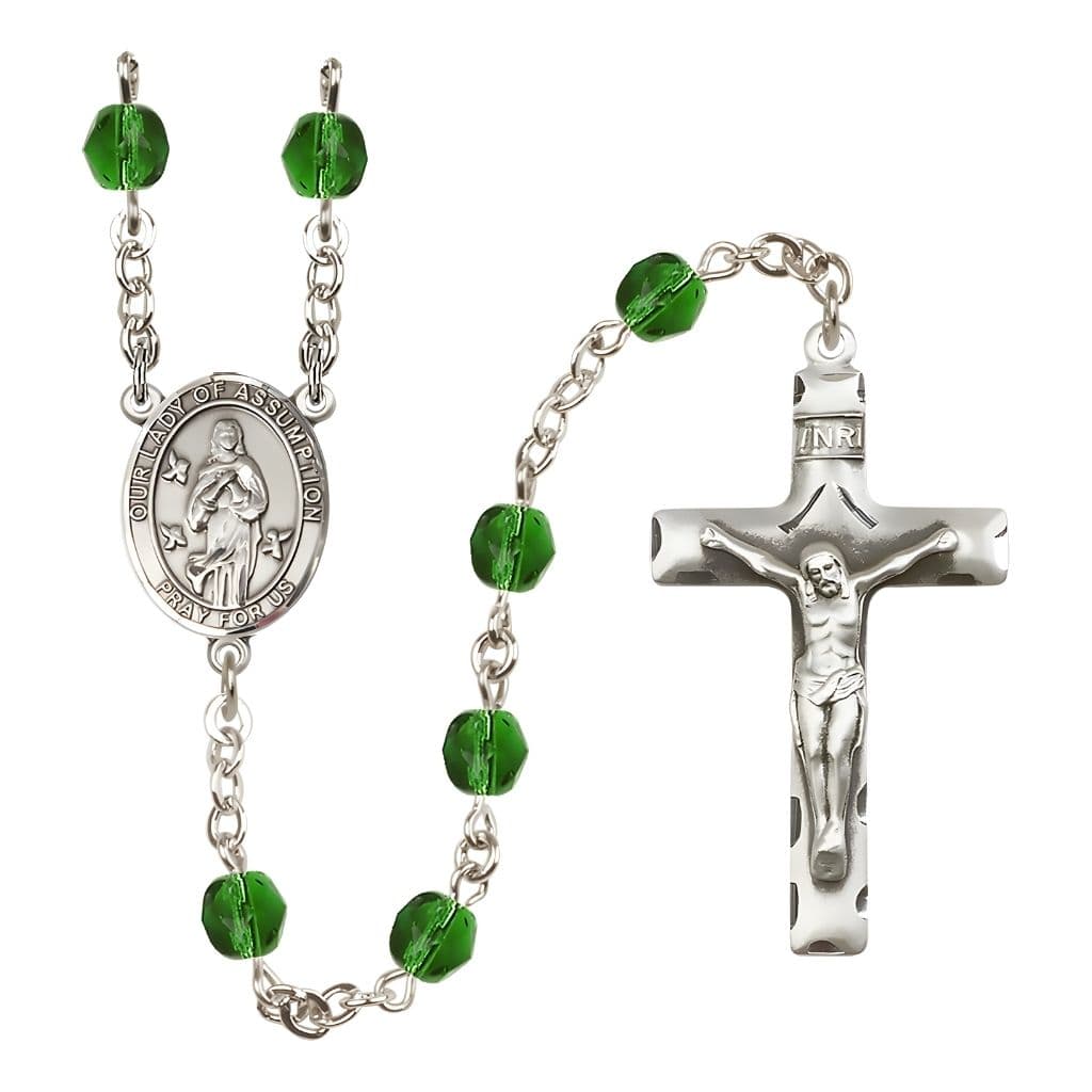 Our Lady of Assumption Engraved Birthstone 6mm Emerald Fire Polished Silver-plated Rosary with Pewter Centerpiece and Crucifix