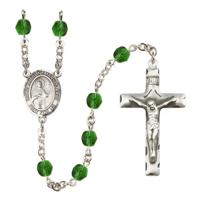 Saint Anthony Mary Claret Silver-plated Rosary with Pewter Crucifix and Centerpiece, Birthstone 6mm Fire Polished Emerald Beads for May