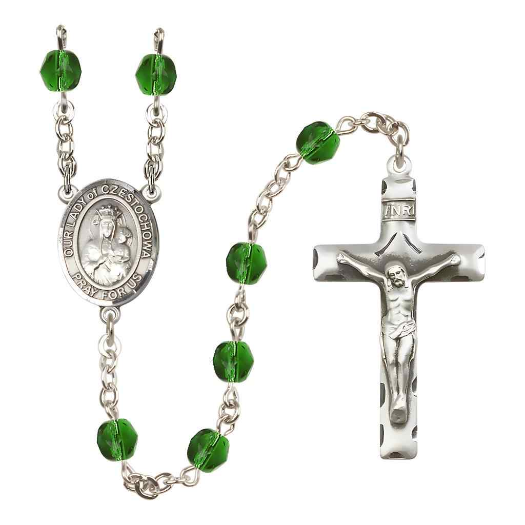Our Lady of Czestochowa Silver-plated Rosary with Pewter Crucifix and Centerpiece, Birthstone 6mm Fire Polished Emerald Beads for May