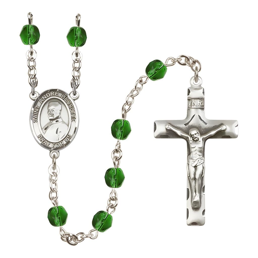 Bliss St. Andre Bessette Engravable Rosary with Pewter Crucifix and Centerpiece, Birthstone 6mm Fire Polished Emerald Beads for May