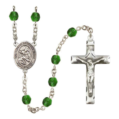 Our Lady of the Precious Blood Rosary with Pewter Traditional Crucifix and Oval Centerpiece, Birthstone 6mm Fire Polished Emerald Beads for May