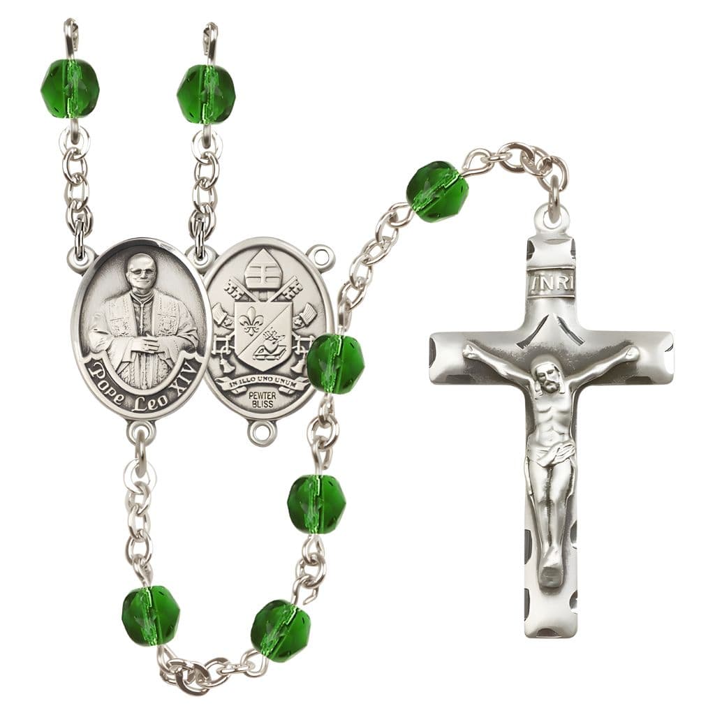 Bliss Pope Leo XIV Birthstone Engravable Rosary with Pewter Center and Crucifix, 6mm Fire Polished Beads in Emerald for May