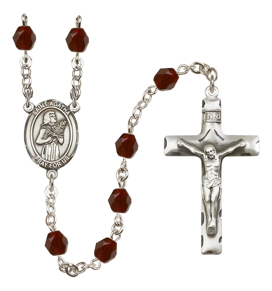 Bliss Silver Plated 6mm Fire Polished Saint Agatha Rosary in Garnet,