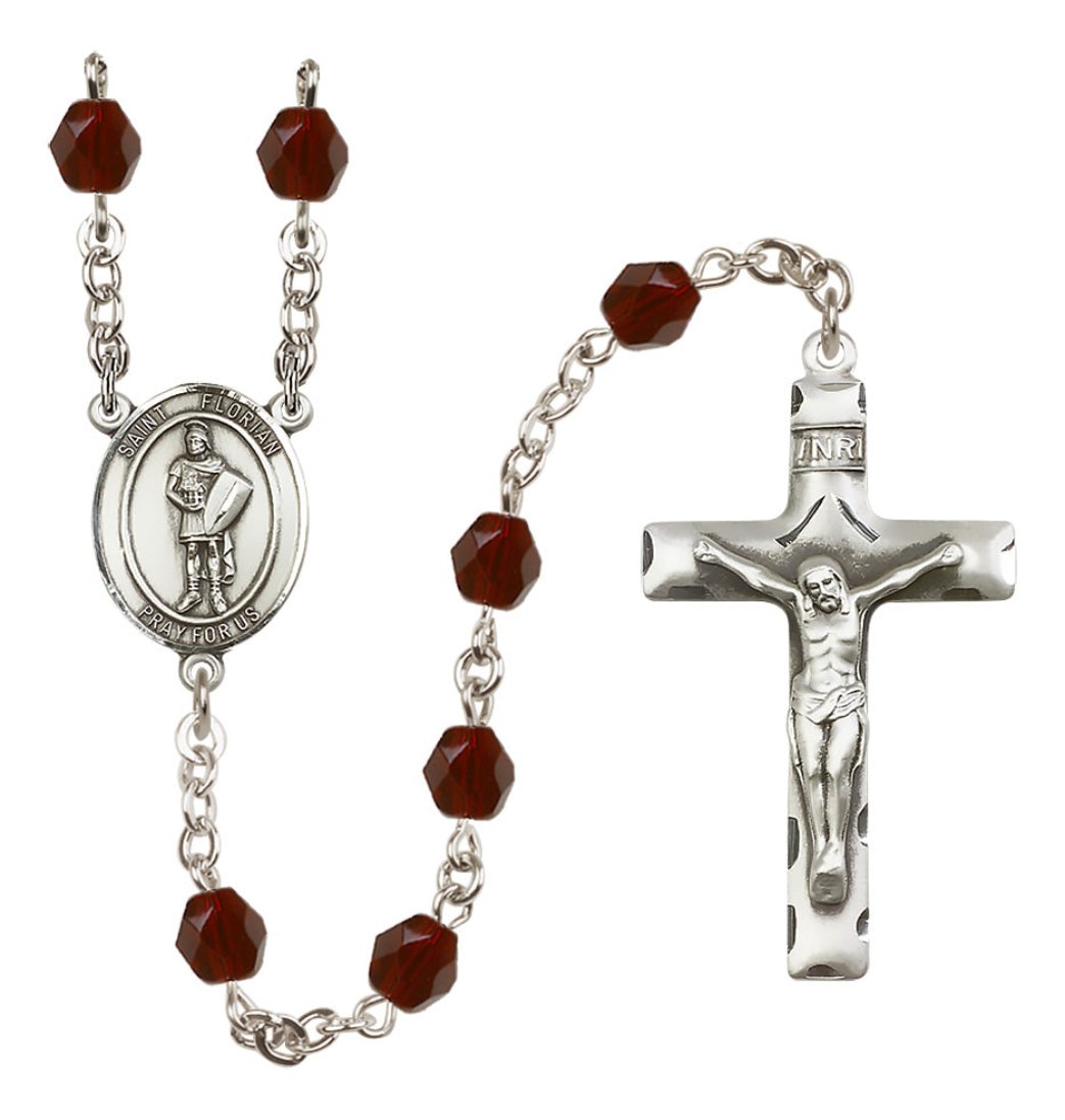 Bliss Oval St Florian Center Silver-Plated Crystal Birthstone Rosary in Garnet January Birthstone,