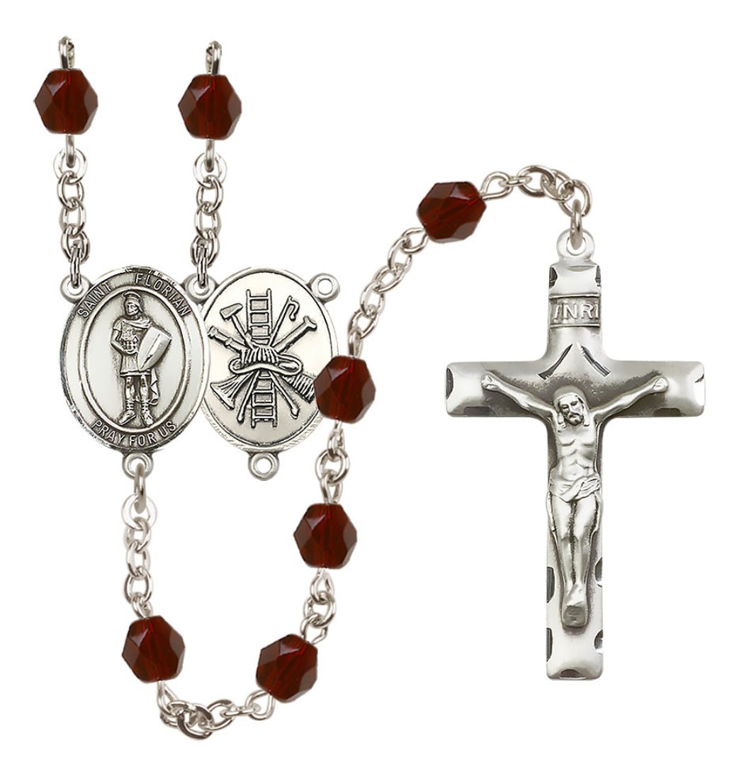 Bliss St Florian w/Firefighter Center Silver-Plated Garnet Crystal January Birthstone Rosary,