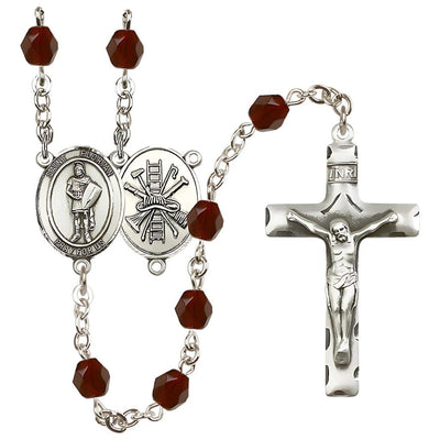 St Florian w/Firefighter Center Silver-Plated Garnet Crystal January Birthstone Rosary, Bliss Manufacturing