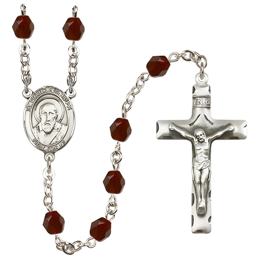 St. Francis de Sales 6mm Garnet Silver-Plated Catholic Rosary, handmade in the USA,
