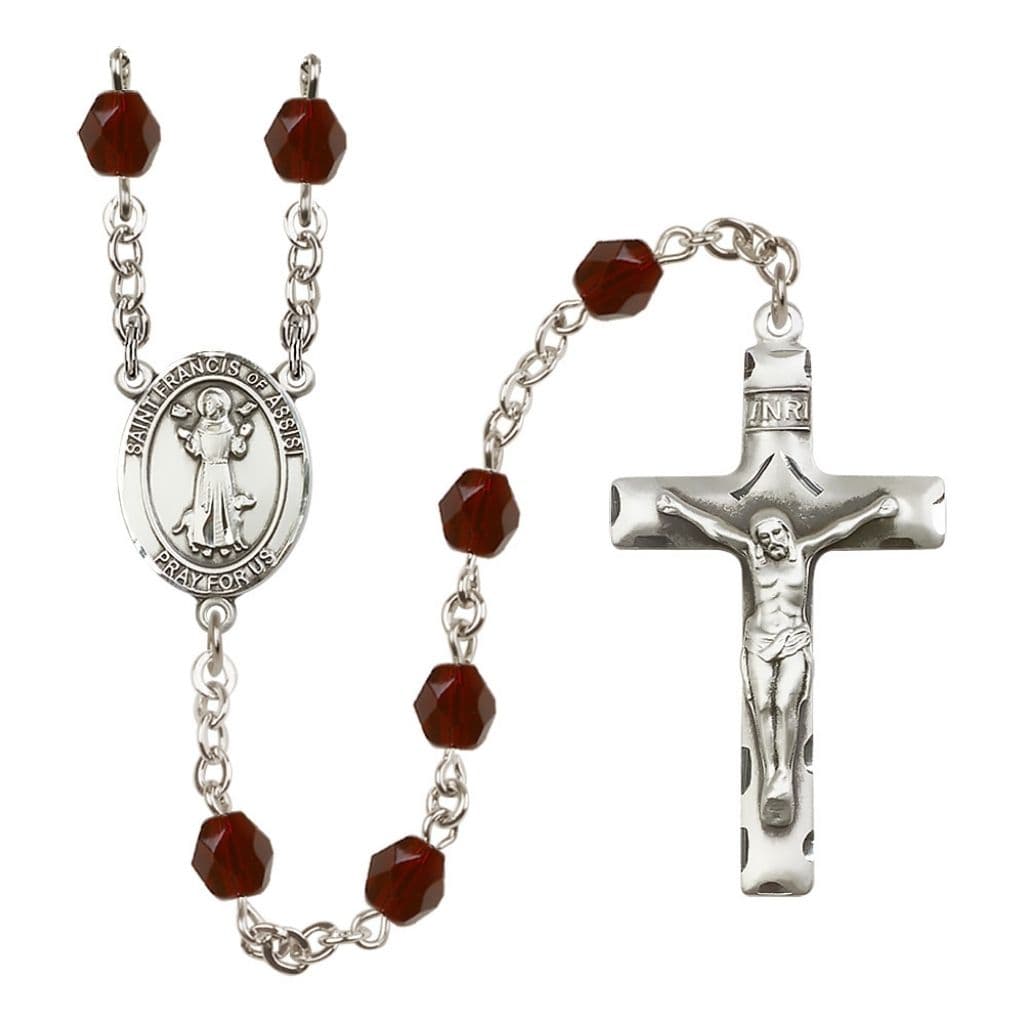 St. Francis of Assisi Garnet 6mm Fire Polished Birthstone Engravable Silver-plated Rosary with Pewter Centerpiece and Crucifix, USA Made