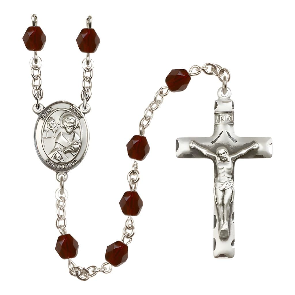 Bliss St. Mark the Evangelist Engravable Rosary with Pewter Crucifix and Centerpiece, Birthstone 6mm Fire Polished Garnet Beads for January