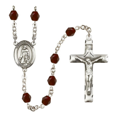 St. Peregrine Laziosi Engravable Rosary with Pewter Crucifix and Centerpiece, Birthstone 6mm Fire Polished Garnet Beads for January, Bliss Manufacturing