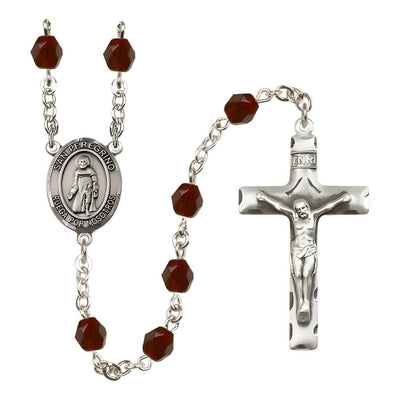 Spanish San Peregrino Engravable Rosary with Pewter Crucifix and Centerpiece, Birthstone 6mm Fire Polished Garnet Beads for January, Bliss Manufacturing