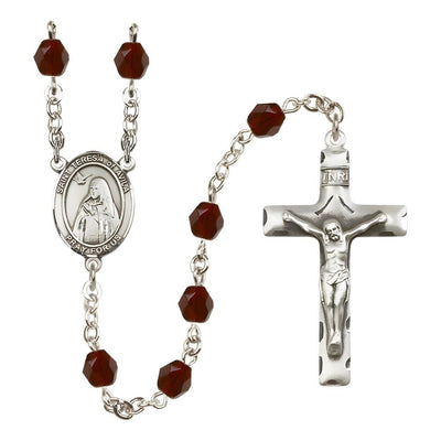 St. Teresa of Avila Engraved Birthstone 6mm Garnet Fire Polished Rosary with Pewter Centerpiece and Crucifix, Bliss Manufacturing