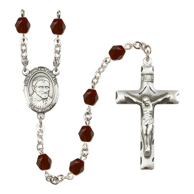 St. Vincent de Paul Engravable Rosary with Pewter Crucifix and Centerpiece, Birthstone 6mm Fire Polished Garnet Beads for January, Bliss Manufacturing
