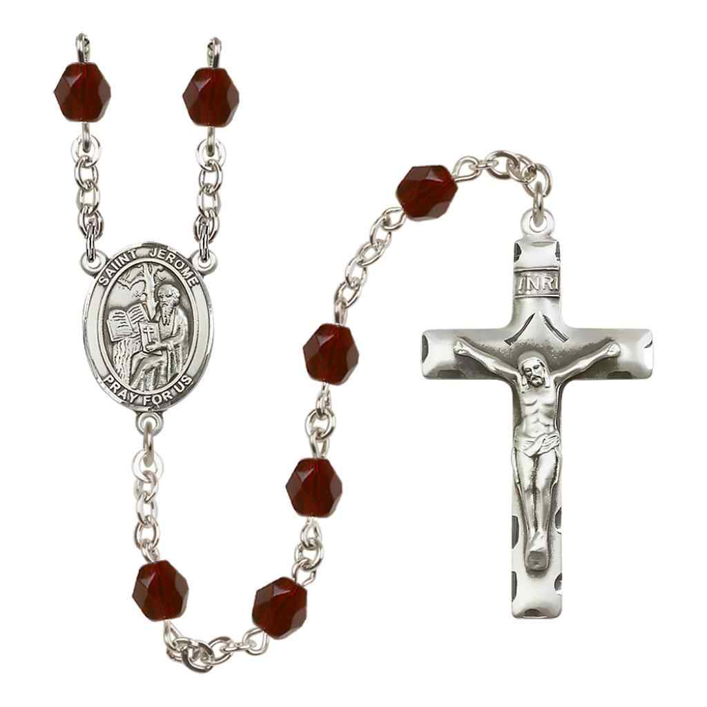 Saint Jerome Silver-plated Rosary with Pewter Crucifix and Centerpiece, Birthstone 6mm Fire Polished Garnet Beads for January