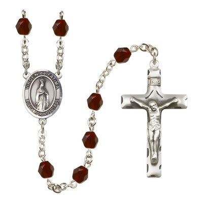 Spanish Virgen de Fatima Engravable Rosary with Pewter Crucifix and Centerpiece, Birthstone 6mm Fire Polished Garnet Beads for January, Bliss Manufacturing