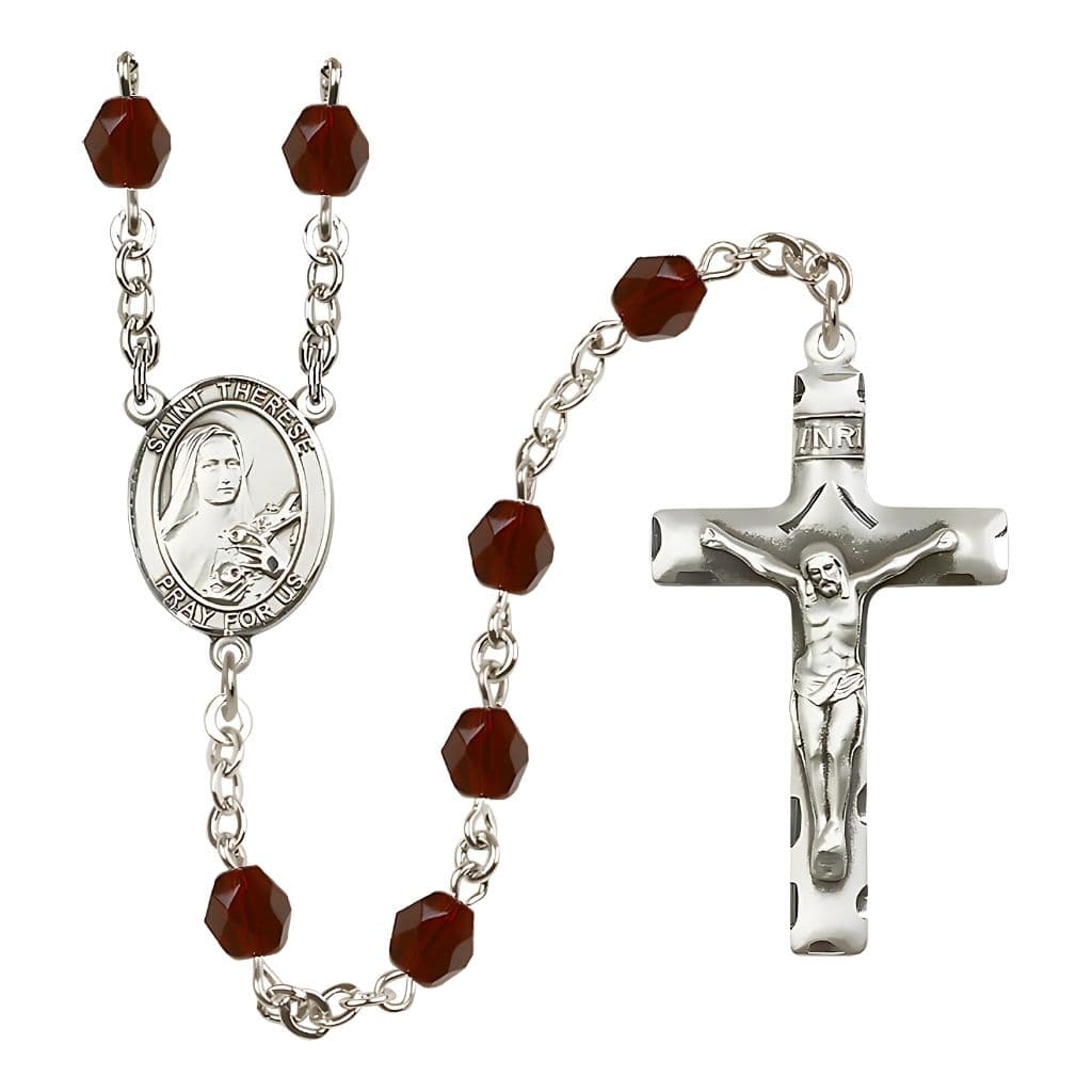 Bliss St. Therese of Lisieux Engraved Birthstone 6mm Garnet Fire Polished Rosary with Pewter Crucifix and Centerpiece