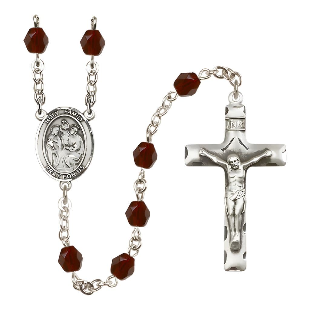 Bliss Holy Family Engravable Rosary with Pewter Crucifix and Centerpiece, Birthstone 6mm Fire Polished Garnet Beads for January