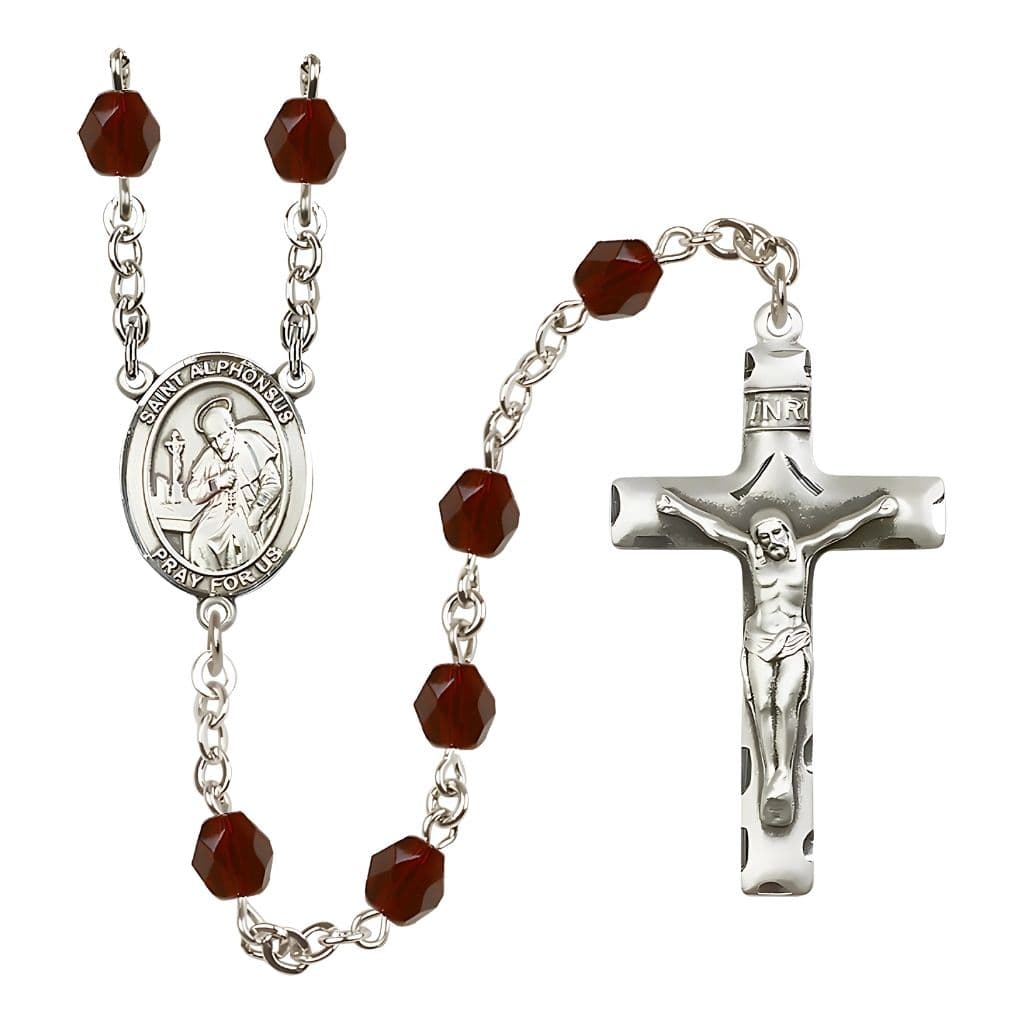 Bliss St. Alphonsus Maria de Liguori January Birthstone 6mm Garnet Fire Polished Rosary with Pewter Centerpiece and Crucifix