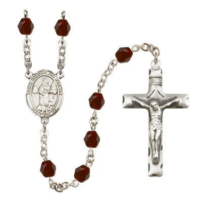 St. Isidore the Farmer Engravable Rosary with Pewter Crucifix and Centerpiece, Birthstone 6mm Fire Polished Garnet Beads for January, Bliss Manufacturing