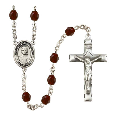 Saint Pier Giorgio Frassati Silver-plated Rosary with Traditional Pewter Crucifix and Centerpiece, Birthstone 6mm Fire Polished Garnet Beads for January