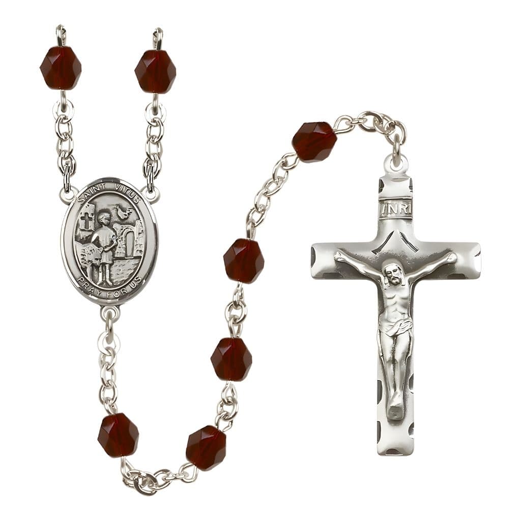 Bliss St. Vitus Engravable Rosary with Pewter Crucifix and Centerpiece, Birthstone 6mm Fire Polished Garnet Beads for January