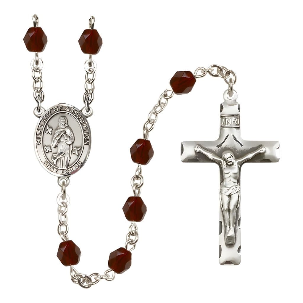 Our Lady of Assumption Engraved Birthstone 6mm Garnet Fire Polished Silver-plated Rosary with Pewter Centerpiece and Crucifix