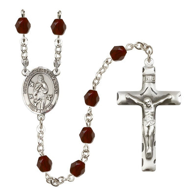 Our Lady of Assumption Engraved Birthstone 6mm Garnet Fire Polished Silver-plated Rosary with Pewter Centerpiece and Crucifix, Bliss Manufacturing