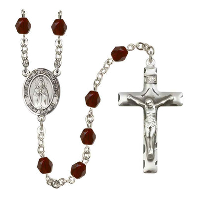 Our Lady of Rosa Mystica Rosary with Pewter Crucifix and Centerpiece, Birthstone 6mm Fire Polished Garnet Beads for January