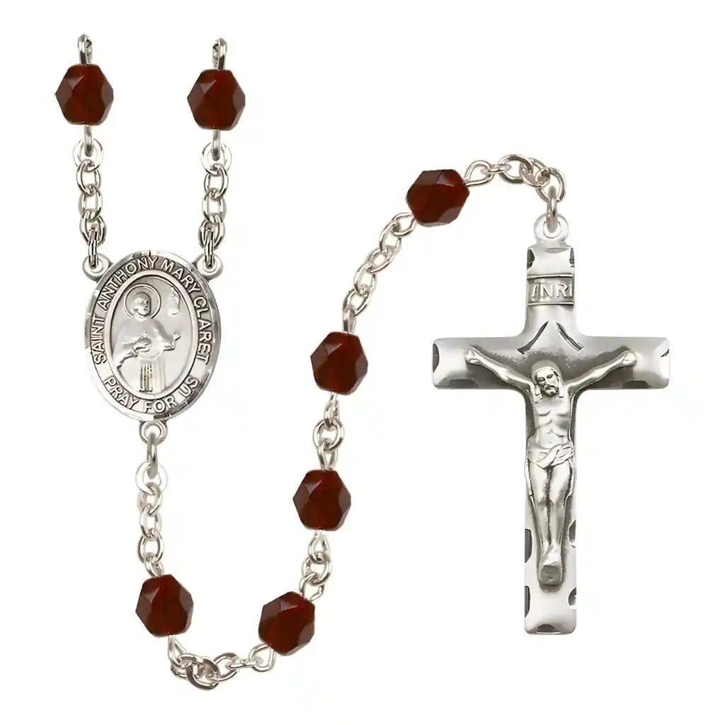 Saint Anthony Mary Claret Silver-plated Rosary with Pewter Crucifix and Centerpiece, Birthstone 6mm Fire Polished Garnet Beads for January
