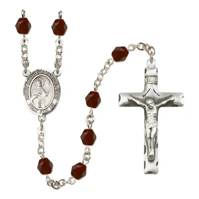 Saint Anthony Mary Claret Silver-plated Rosary with Pewter Crucifix and Centerpiece, Birthstone 6mm Fire Polished Garnet Beads for January
