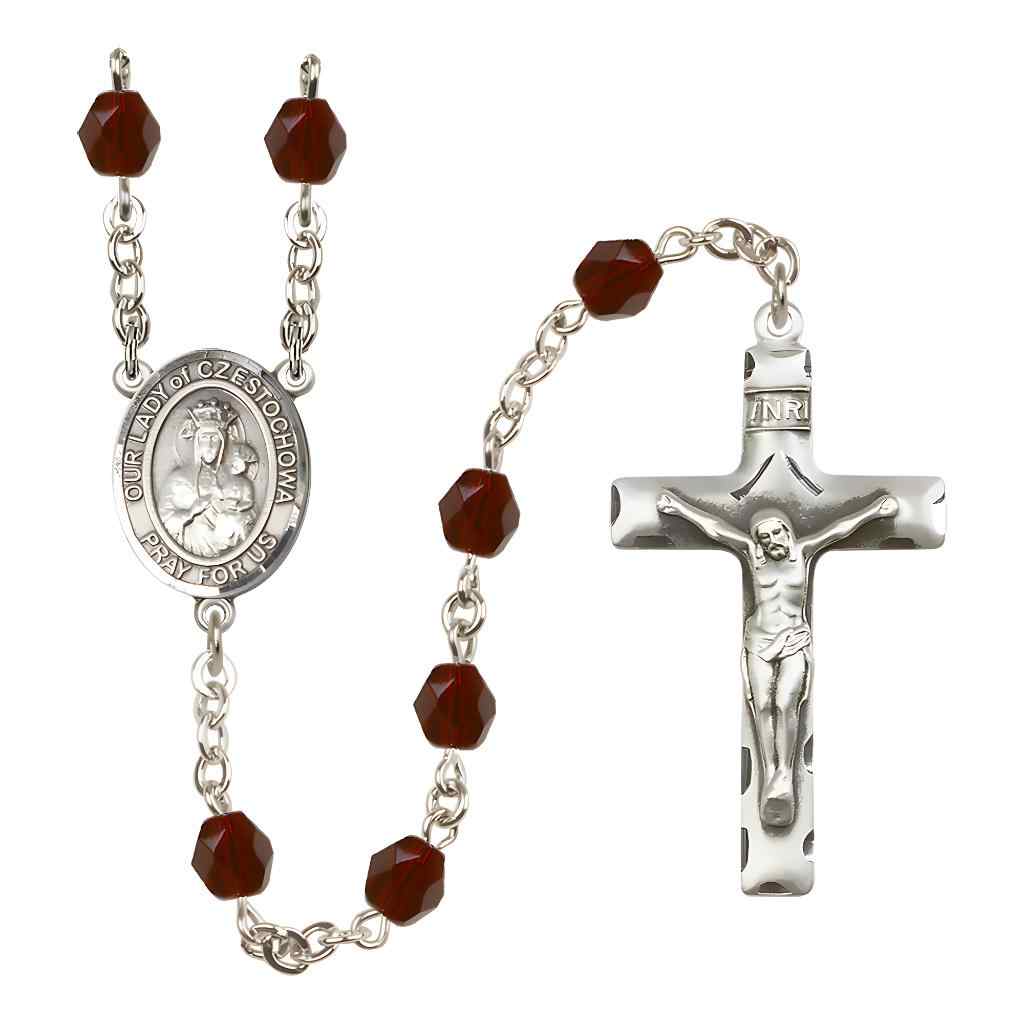 Our Lady of Czestochowa Silver-plated Rosary with Pewter Crucifix and Centerpiece, Birthstone 6mm Fire Polished Garnet Beads for January