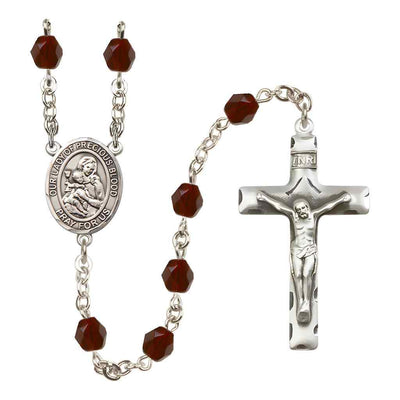 Our Lady of the Precious Blood Rosary with Pewter Traditional Crucifix and Oval Centerpiece, Birthstone 6mm Fire Polished Garnet Beads for January