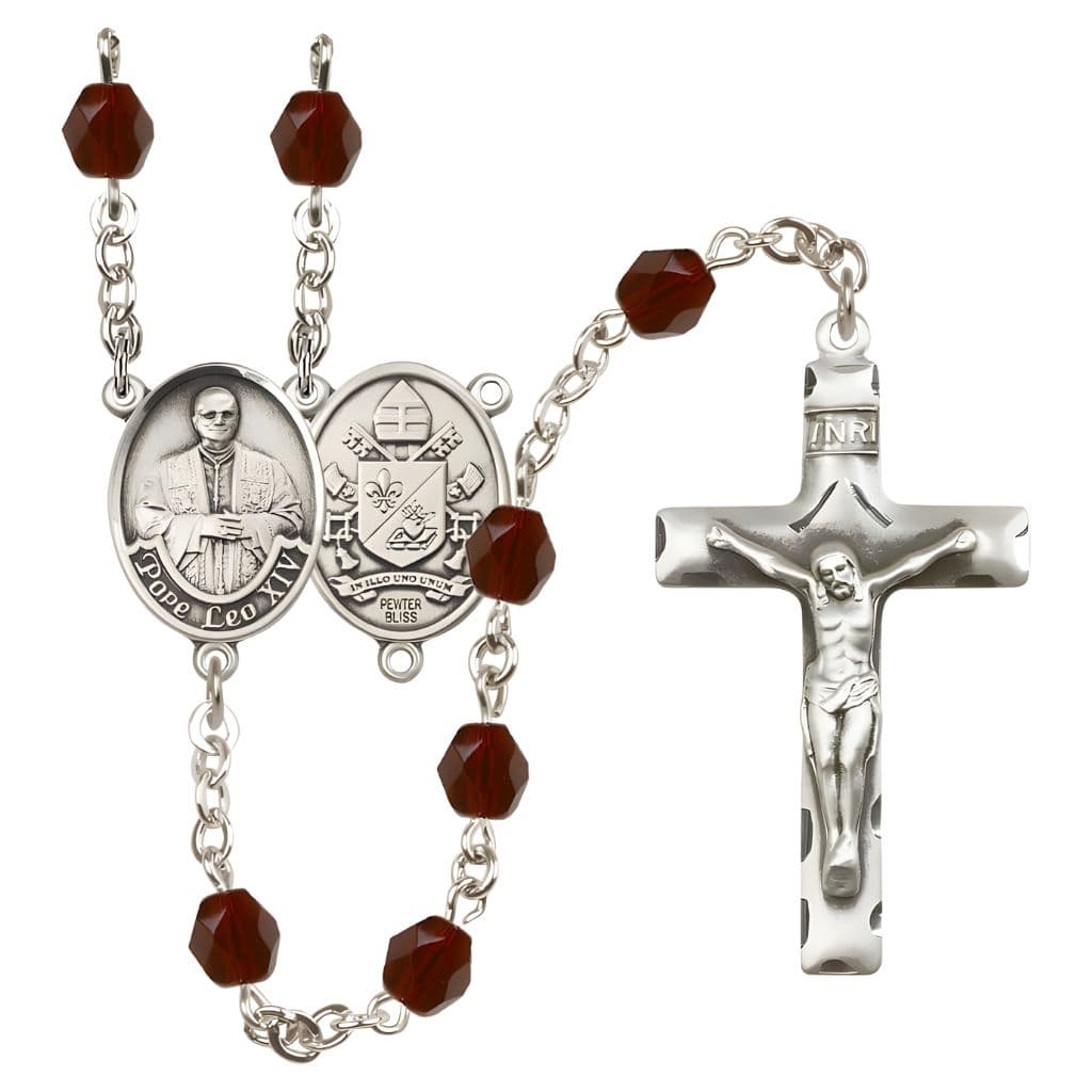 Bliss Pope Leo XIV Birthstone Engravable Rosary with Pewter Center and Crucifix, 6mm Fire Polished Beads in Garnet for January