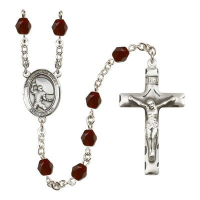 Guardian Angel Football Engravable Rosary with Pewter Crucifix and Centerpiece, Birthstone 6mm Fire Polished Garnet Beads for January, Bliss Manufacturing