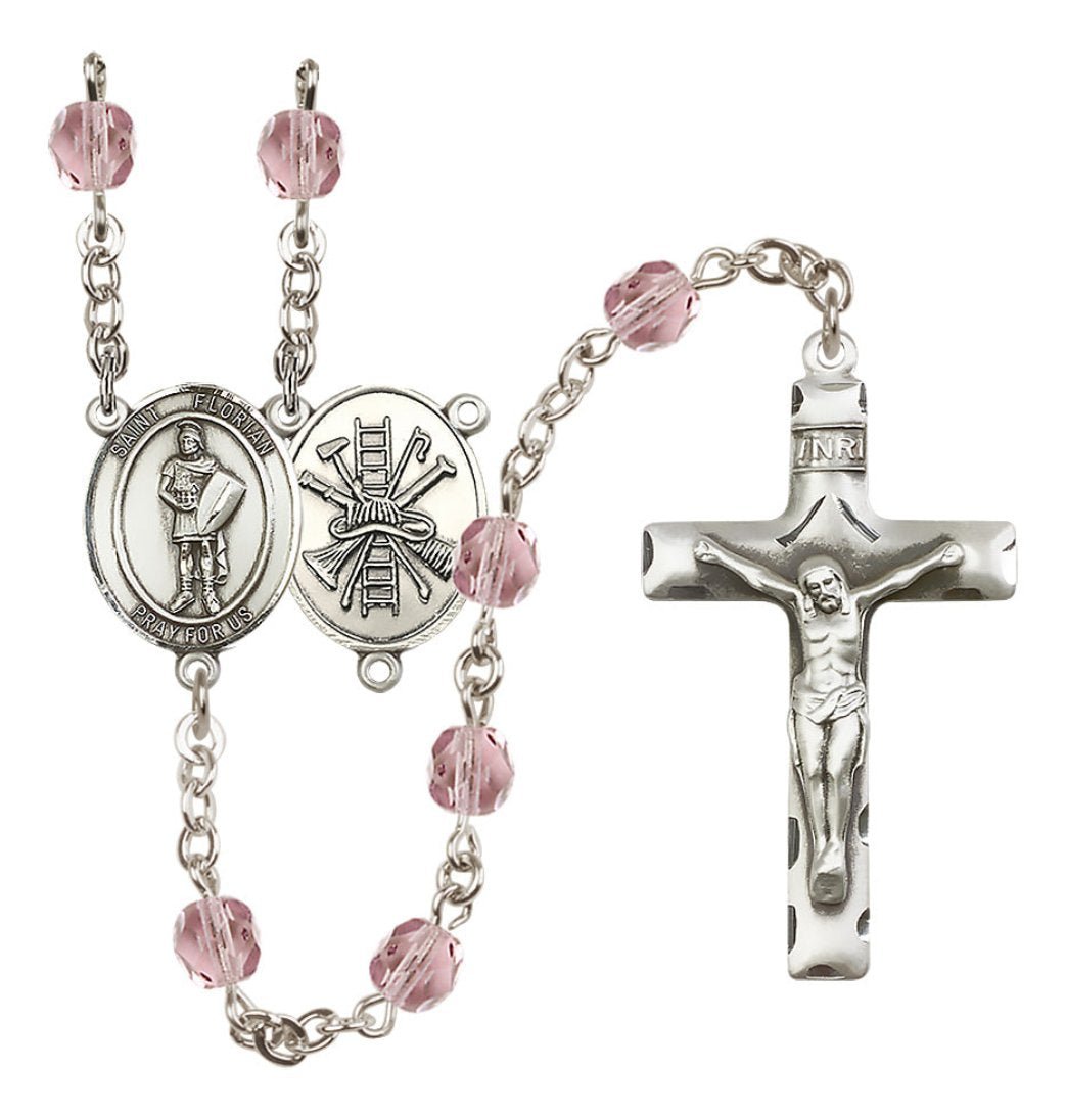 Bliss St Florian w/Firefighter Center Silver-Plated Light Amethyst Crystal June Birthstone Rosary,