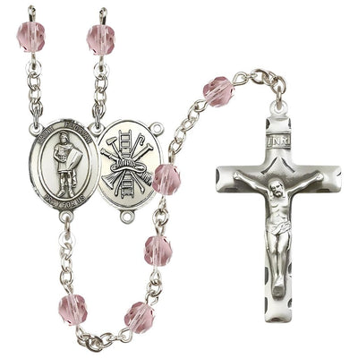 St Florian w/Firefighter Center Silver-Plated Light Amethyst Crystal June Birthstone Rosary, Bliss Manufacturing
