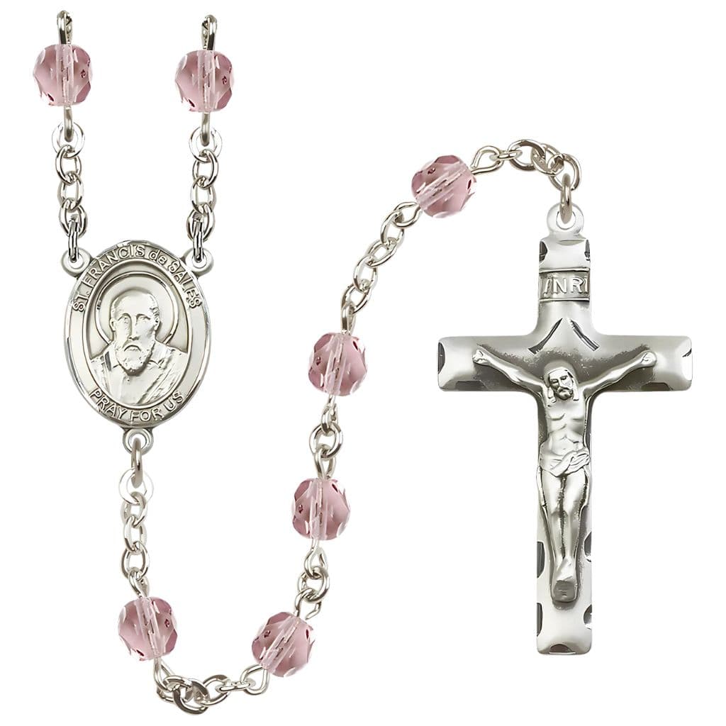 St. Francis de Sales 6mm Light Amethyst Silver-Plated Catholic Rosary, handmade in the USA,